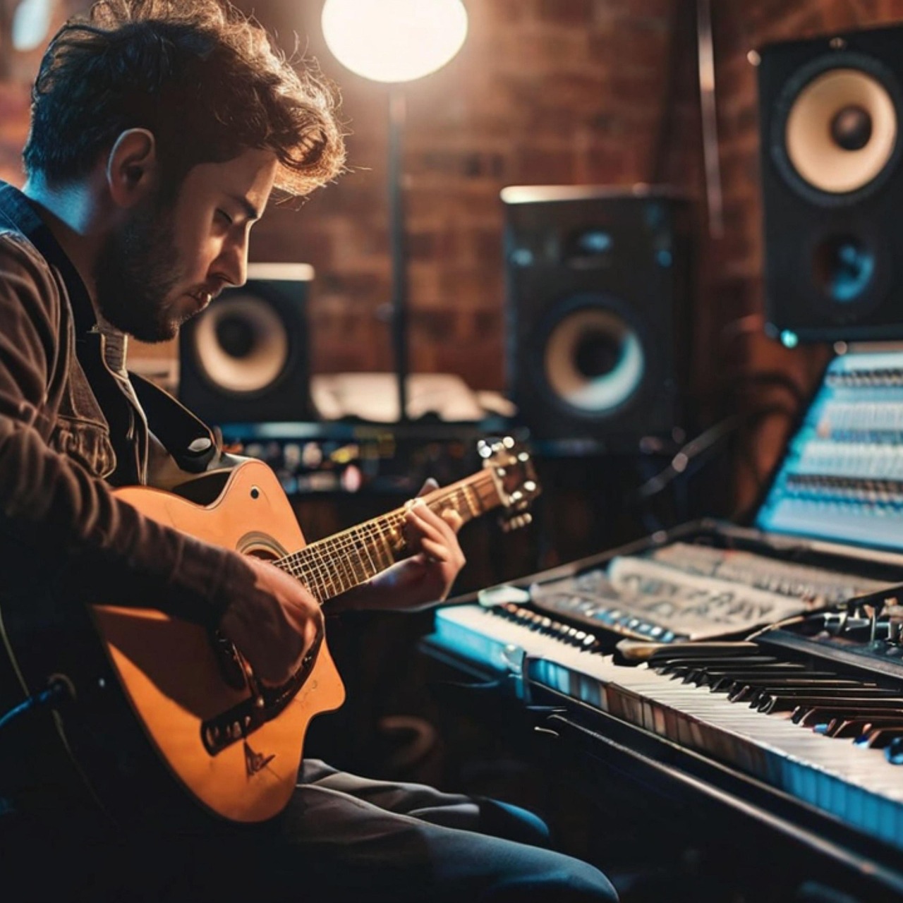 Guitar player and music content creator in studio