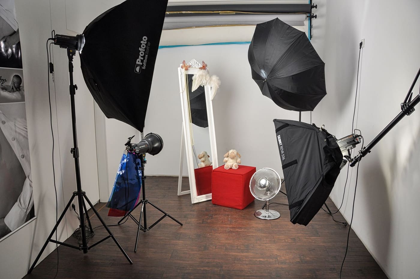 Modern photography studio with softbox lighting setup