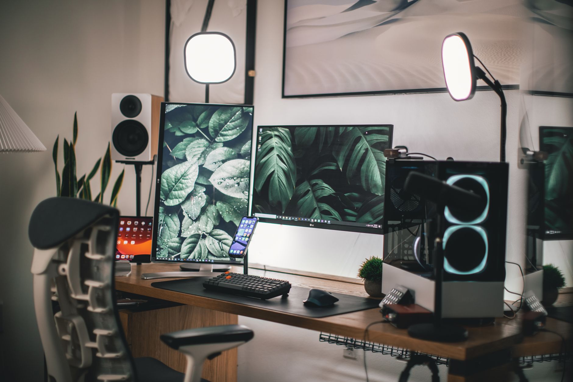Streaming setup with dual monitors at a creator's desk